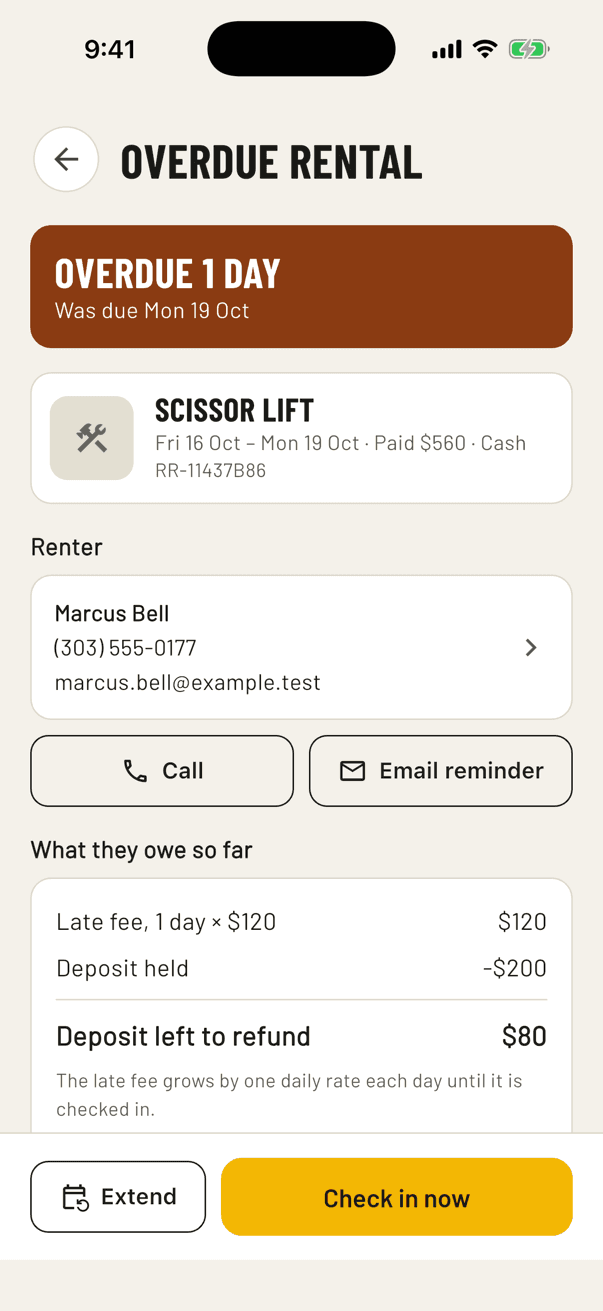 An overdue scissor lift in the app, with the late fee so far, Call, Email reminder, Extend and Check in