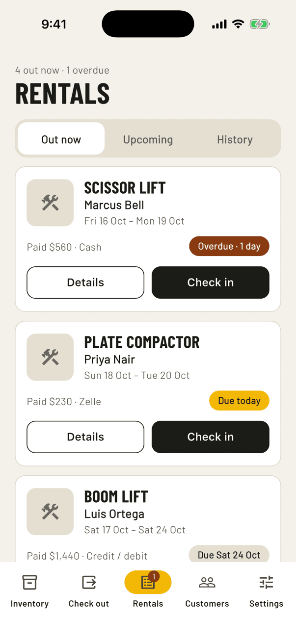 The Rentals screen of the app, listing an overdue scissor lift, a plate compactor due today and a boom lift
