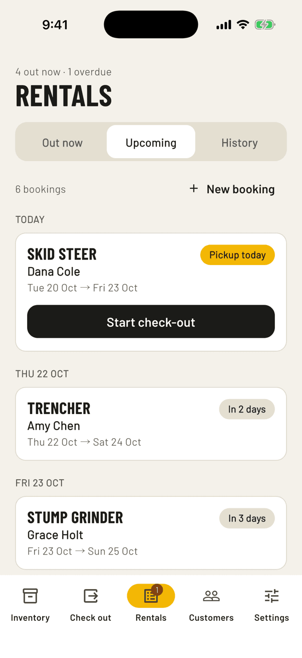 Upcoming bookings in the app: a skid steer pickup today, a trencher and a stump grinder later in the week